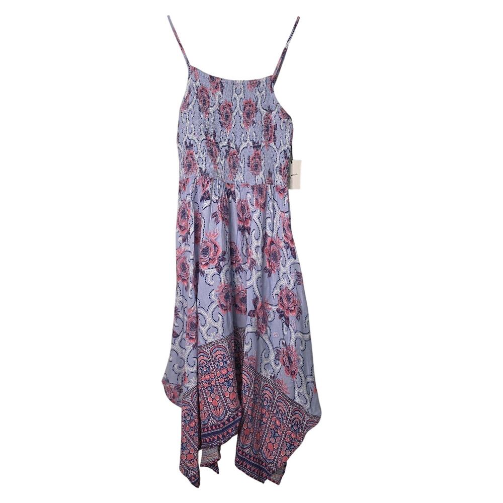 Jayne Dress Womens Medium Blue Floral Smocked Handkerchief Hem Boho Sundress